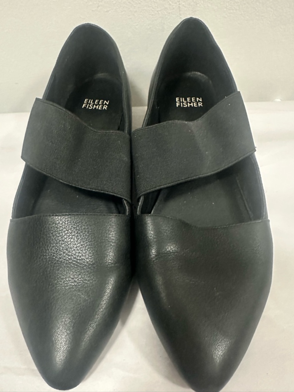 Eileen Fisher Black Pointed Leather Slip-Ons with Elastic Strap size 8